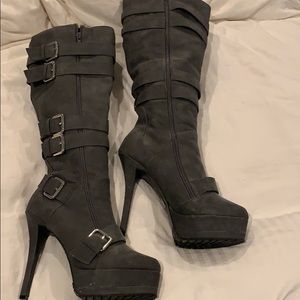 Grey Faux Leather Platform Spike Heeled Boots